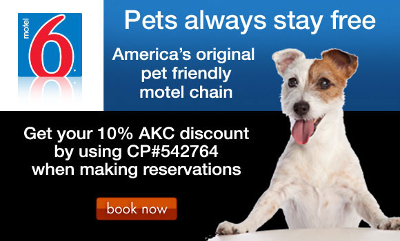 Motel 6: America's original pet friendly motel chain. Get your 10% AKC discount by using CP#542764 when making reservations.